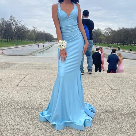 prom makeup for blue dress Long Light Blue Prom Dress with Glitter Print Blue / XSmall main image 1